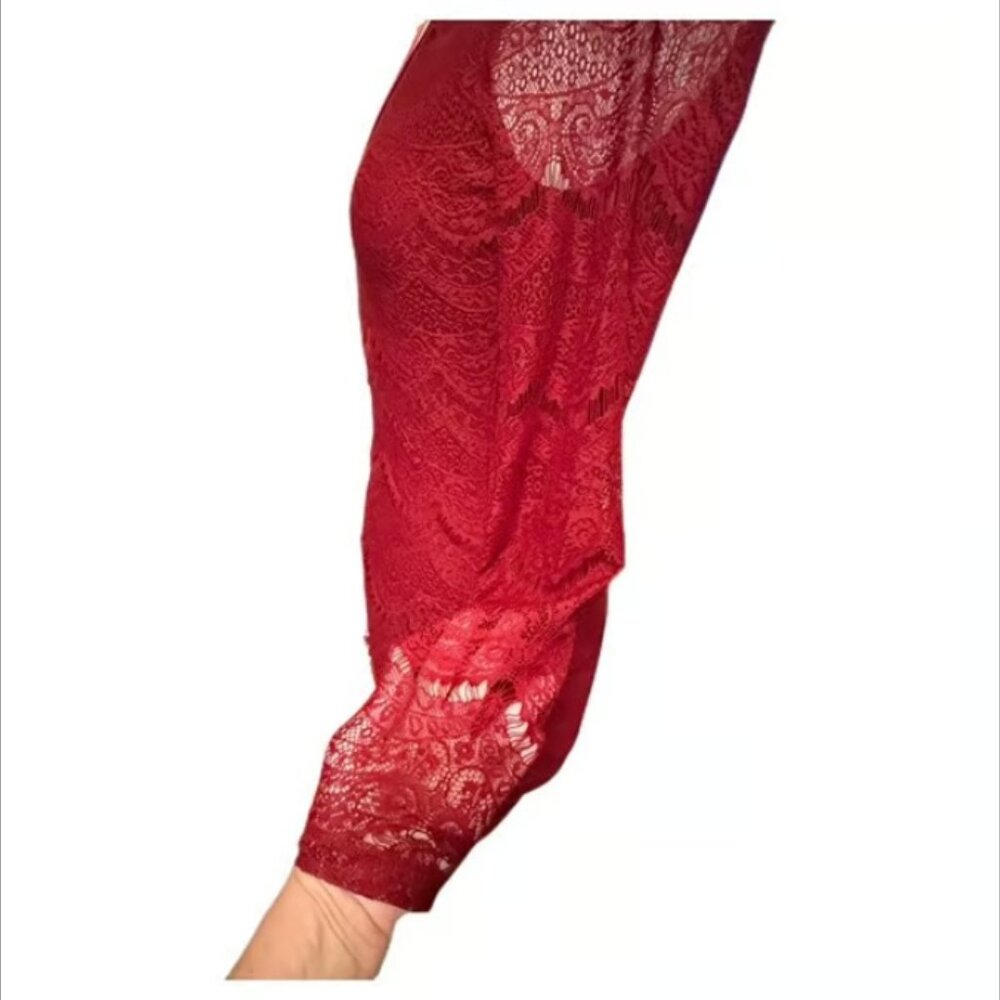 Forever 21 Red Lace Long Sleeve Bodycon Mini Dress V-Neck Breathable Stretch NEW - Picture 5 of 10